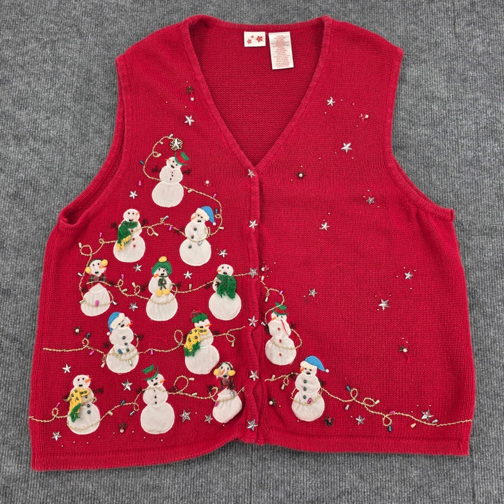 Woman Red Snowman Holiday Sweater Vest Plus 2X Beaded Embroidered HLW755536E